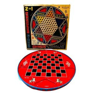Vintage Mid Century Regular & Chinese Checkers Metal Tin Game Board Not Complete